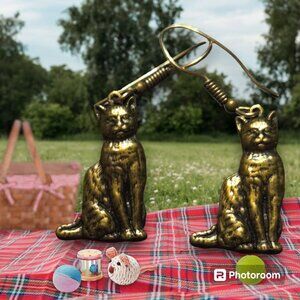 Solid Brass Cat Feline Earrings Fish Hooks